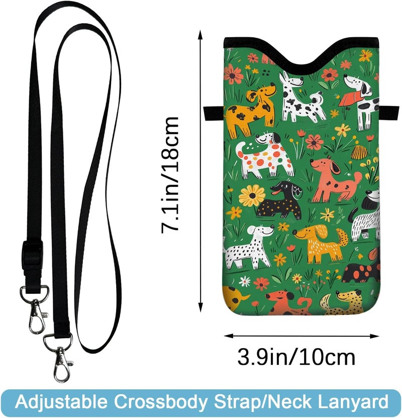 otilil Neoprene Cell Phone Sleeve Pouch Case Bag with Crossbody Strap Neck Lanyard for Women 7.1 X 3.9 in Green Dog - Image 2